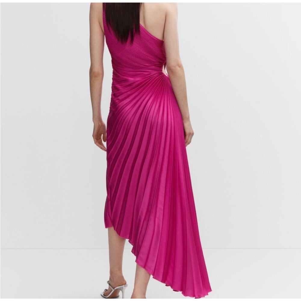 Mango One Shoulder Satin Asymmetric Pleated Maxi Dress Pink Sz 4 Wedding Guest - Picture 3 of 6